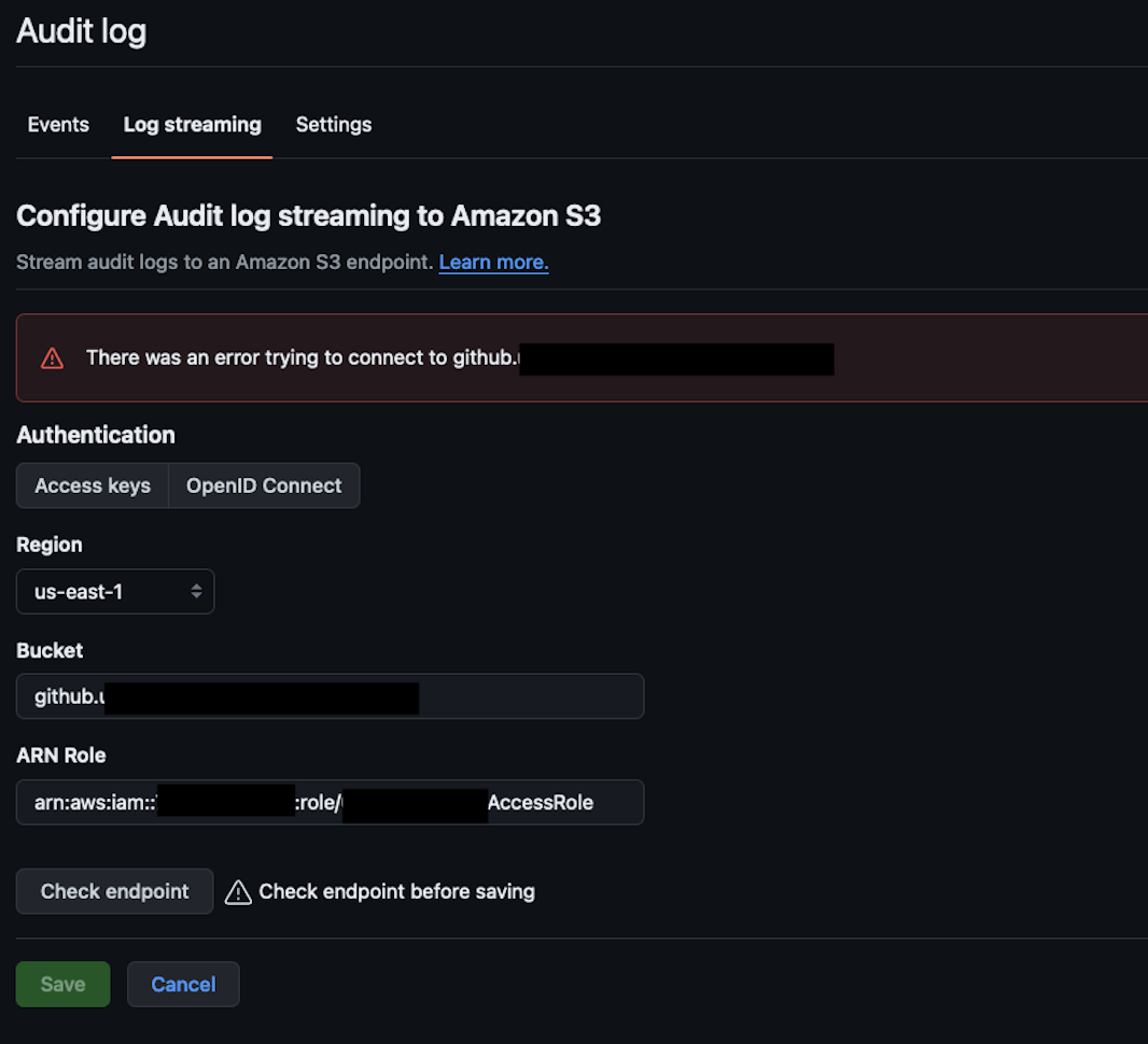 Streaming GitHub audit log to S3 with OpenID Connect - Connection Issues